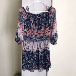 AUW Navy Floral Off-Shoulder Mini Dress with Pink Accents